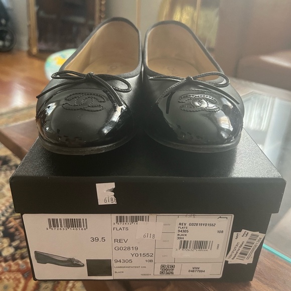 Chanel Ballet Flats Patent Black Lamb Skin 39.5 - Picture 1 of 7
